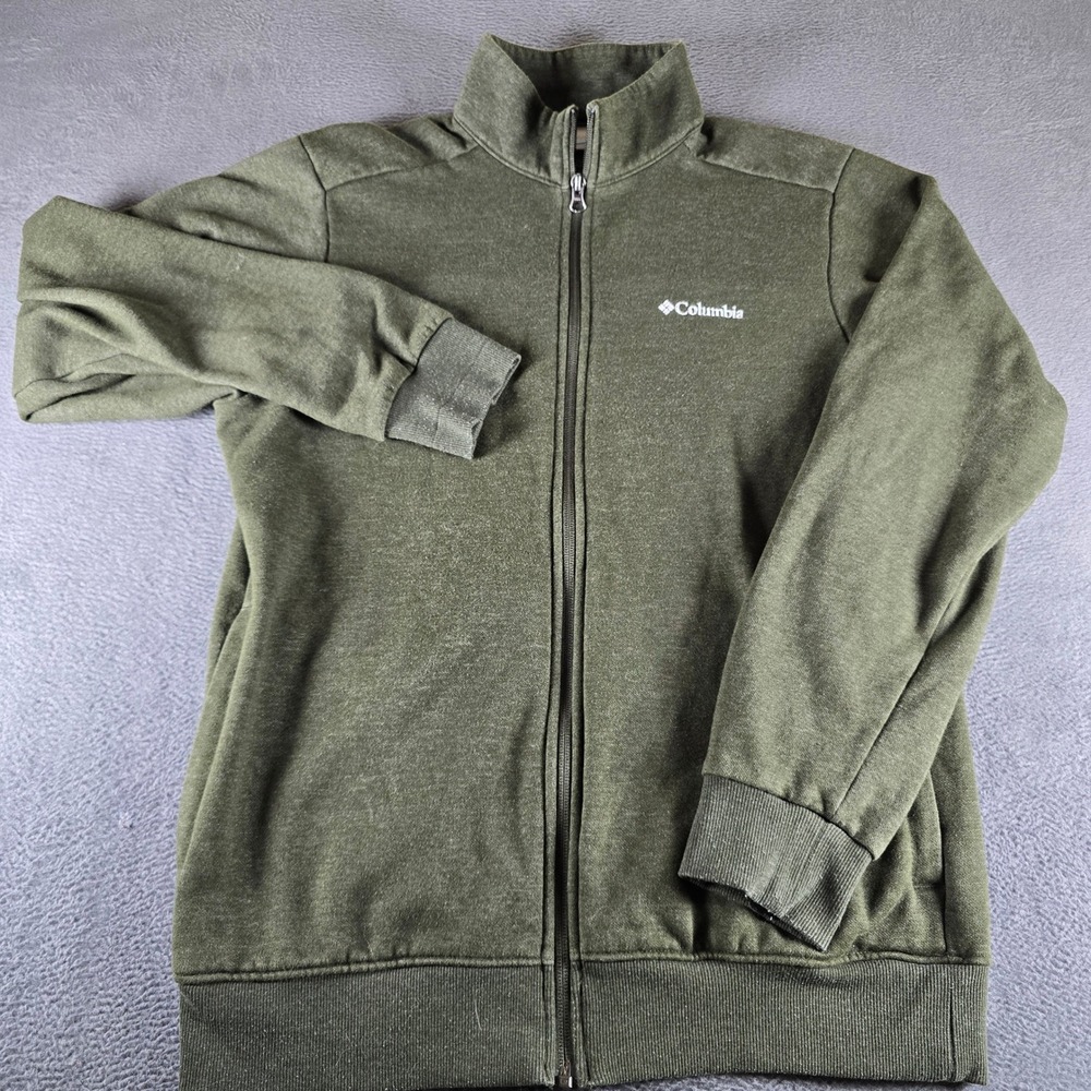Columbia Mens Full Zip Fleece Jacket Olive Green Heather Mock Neck Logo Large